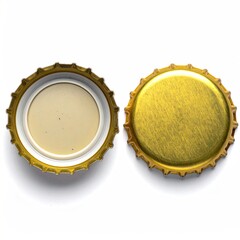Two gold crown bottle caps, one open, one closed, isolated