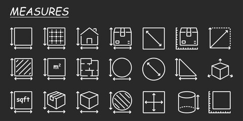 Dimension, area and perimeter measure concept outline icons set isolated on white background flat vector illustration.