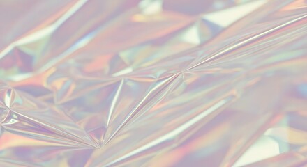 Abstract background of crumpled holographic foil in soft pastel colors. Iridescent texture with a metallic sheen creates a gentle, futuristic effect