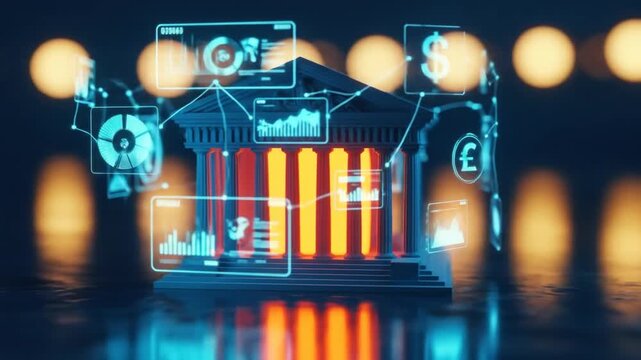 Futuristic digital interface displaying financial data and currency symbols around a glowing neoclassical building. - Powered by Adobe
