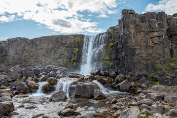 Beautiful nature of Oxararfoss in Thingvellir national park in Iceland