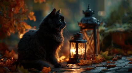 Cat with Lantern in Autumn Scene – Magical Companion for Halloween or Fall Promotions