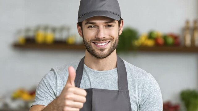 This video features a friendly, handsome young man with a beard, wearing a smart casual grey uniform, including a cap and an apron, as he smiles genuinely at the camera while confidently giving a thum