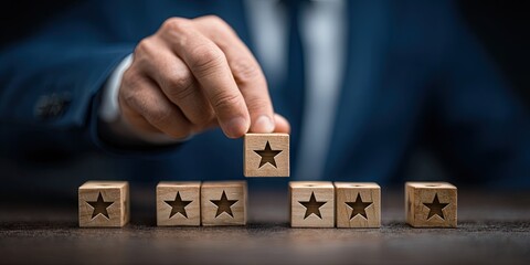 A suited person places a star block atop others, representing rating and positive feedback