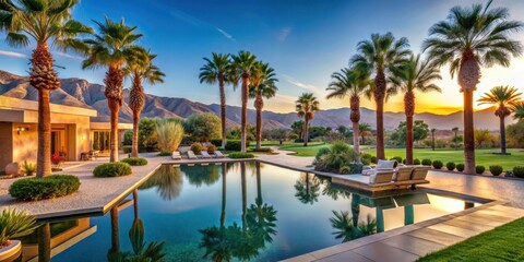Fototapeta premium Serene Luxury Oasis with Arid Desert Landscape and Palm Trees , upscale living
