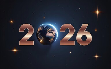Large metallic New Year's 2026 with a realistic Earth globe