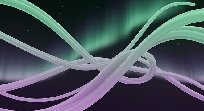 Silky aurora-inspired light trails forming intertwined sine waves, dreamy starry space backdrop, abstract digital art wallpaper, horizontal