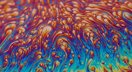 Vibrant abstract background of iridescent psychedelic colors. Macro photography of a soap bubble film showing