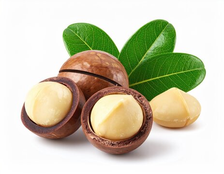 Group of macadamia nuts, whole, halved, and shelled, with leaves