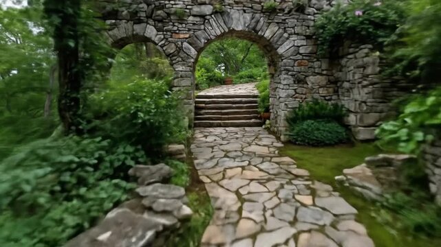 Historic stone archway and winding garden path amidst lush green foliage, rustic architecture in a tranquil natural setting