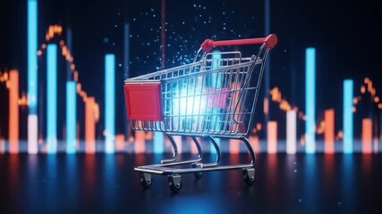 A glowing shopping cart superimposed on a futuristic digital stock market graph, symbolizing e-commerce and financial technology. - Powered by Adobe