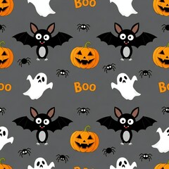 Cartoon Halloween pattern with bats ghosts spiders pumpkins and the word Boo