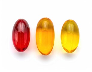Three oval, translucent, red-orange capsules on white