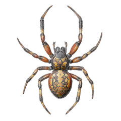Close-up view of a spider with detailed patterns on its body and legs, isolated on white.