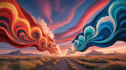 Vibrant Surreal Landscape with Red and Blue Swirling Clouds over Desert Road at Sunset, Dreamlike Nature Art