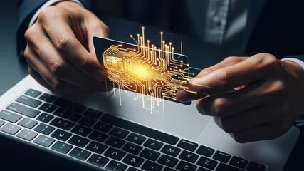 A person holding a credit card with a glowing digital circuit overlay, symbolizing online transactions and financial technology. - Powered by Adobe