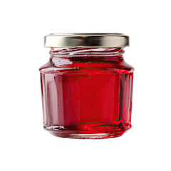 Small, clear glass jar with a metallic lid, filled with vibrant red jelly or preserves