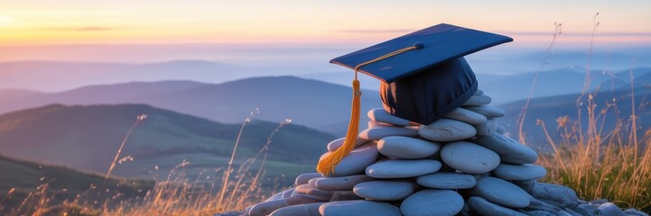 Graduation Cap on Stone Cairn in Mountain Landscape at Sunrise - Symbol of Achievement, Education, and New Beginnings