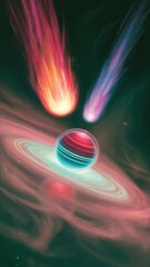 Vibrant Space Illustration with Glowing Comets and Colorful Ringed Planet in Surreal Cosmic Landscape