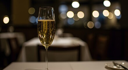 Elegant Champagne Glass Filled with Sparkling Beverage on White Table in Dimly Lit Restaurant