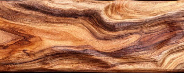 Close-up of rich, natural wood grain, with swirling patterns in tones of brown and beige