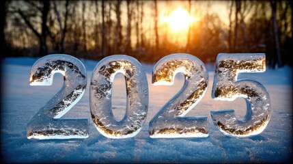 Ice Sculpted Year 2025 in Snow with Sunset Background