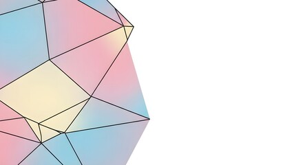 Abstract geometric background featuring a low poly crystal structure with a soft pastel holographic gradient and clean wireframe lines
