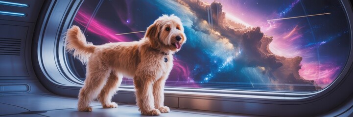 Cute Fluffy Dog in Futuristic Spaceship with Vibrant Cosmic Galaxy View, Sci-Fi Pet Adventure, Colorful Space Window