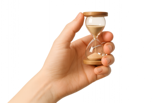 A hand delicately holding an hourglass, signifying the passage of time and its preciousness