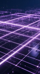 An abstract visualization of a futuristic technology network with luminous purple energy lines flowing through a digital matrix grid