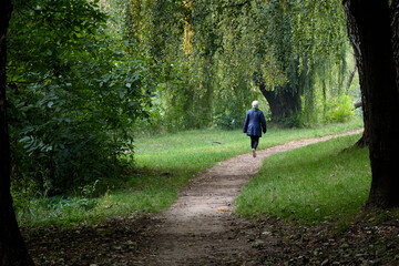 Fototapeta premium Elderly woman gracefully walking along a winding path in a beautiful park, surrounded by lush greenery, creating a peaceful and serene scene, showcasing the joy of outdoor activities.