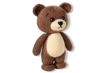 Cute handmade knitted teddy bear toy isolated on transparent background