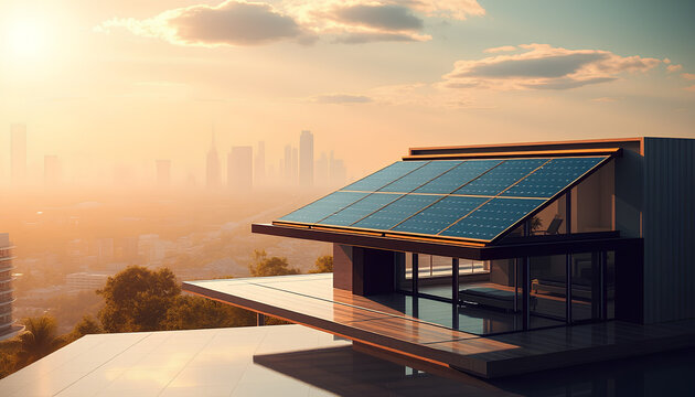 Futuristic home with solar tech High-tech minimalist home with AI-managed solar panel roof, futuristic cityscape in the background 2