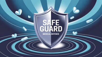 Secure Health Protection Concept with Shield, Capsules, and Radiant Blue Background for Medical Safety and Pharmaceutical Campaigns