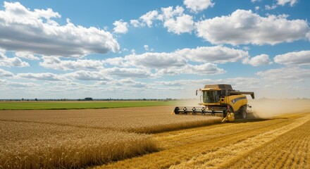 Obraz premium Yellow combine harvester working through wheat field under blue sky