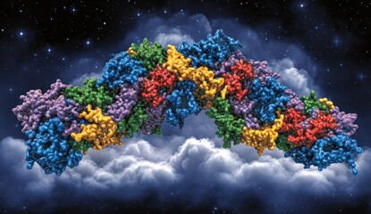 A colorful, molecular structure arches over a cloudscape, set against a starry sky backdrop