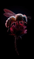 Obraz premium A bee rests on a deep red rose, glowing against a stark black backdrop