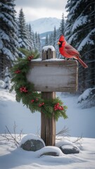 Winter Wooden Sign Post with Red Cardinal Bird and Festive Pine Garland in Snowy Forest with Mountains Background