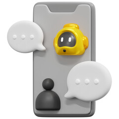 Mobile Chatbot on Phone Device with Yellow Robot and Speech Bubbles on Transparent Background