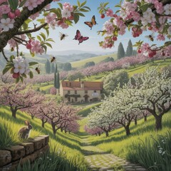 Idyllic Spring Countryside Landscape with Blooming Cherry Trees, Butterflies, Rolling Hills, and Cozy Farmhouse Under Blue Sky