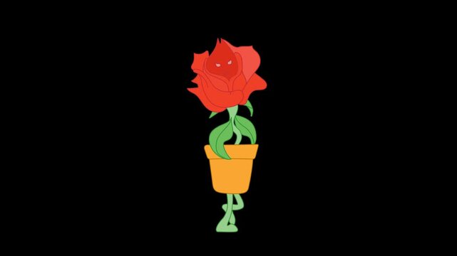 Animated Skipping Red Rose in Flower Pot - Alpha Channel Transparent Background.