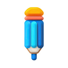 A stylized, 3D-rendered pencil with a vibrant blue body, orange and coral accents, and a rounded eraser