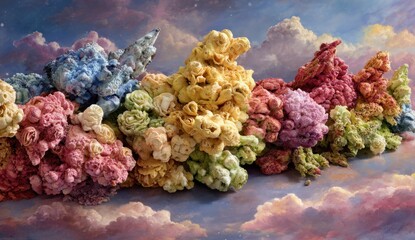 A vibrant, fantastical landscape of colorful, textured forms against a dreamy, cloudy sky