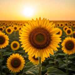 Obraz premium A vast field of sunflowers stretches towards the horizon under a brilliant sunset, with one sunflower prominently featured in the foreground Generative AI.