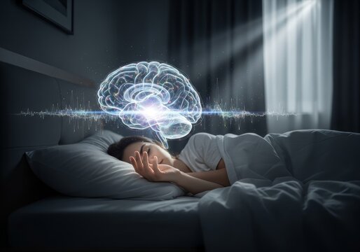 Woman sleeps in bed while glowing brain hologram floats above. Concept of healthy sleep, neuroscience, and mental health. symbol of dream, memory consolidation, brain activity during rest.