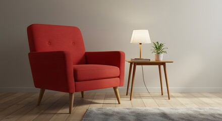 Red Armchair Modern Living Room Corner with Wooden Side Table and Lamp