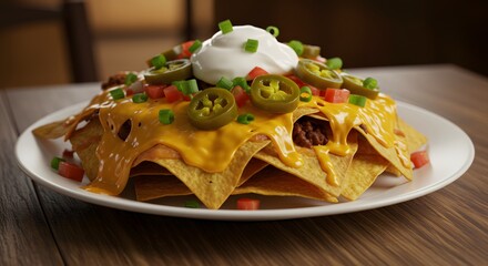 Plate of Nachos with Cheese Sour Cream Jalapenos Diced Tomatoes and Ground Beef on White Dish