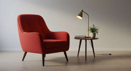 Red Armchair with Side Table and Green Plant in Modern Minimalist Interior