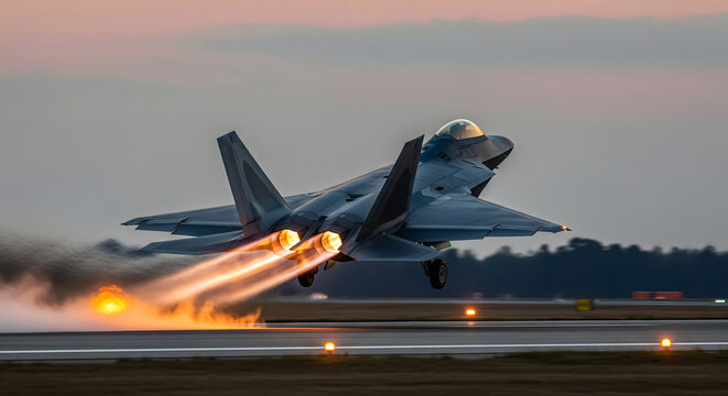 A modern stealth fighter jet is captured at dusk or dawn, taking off from a runway with bright afterburners creating long flame trails Generative AI.