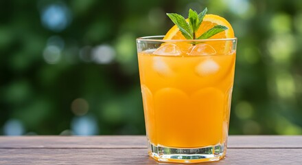 Refreshing Orange Juice with Ice and Mint Garnish in Clear Glass on Wooden Surface